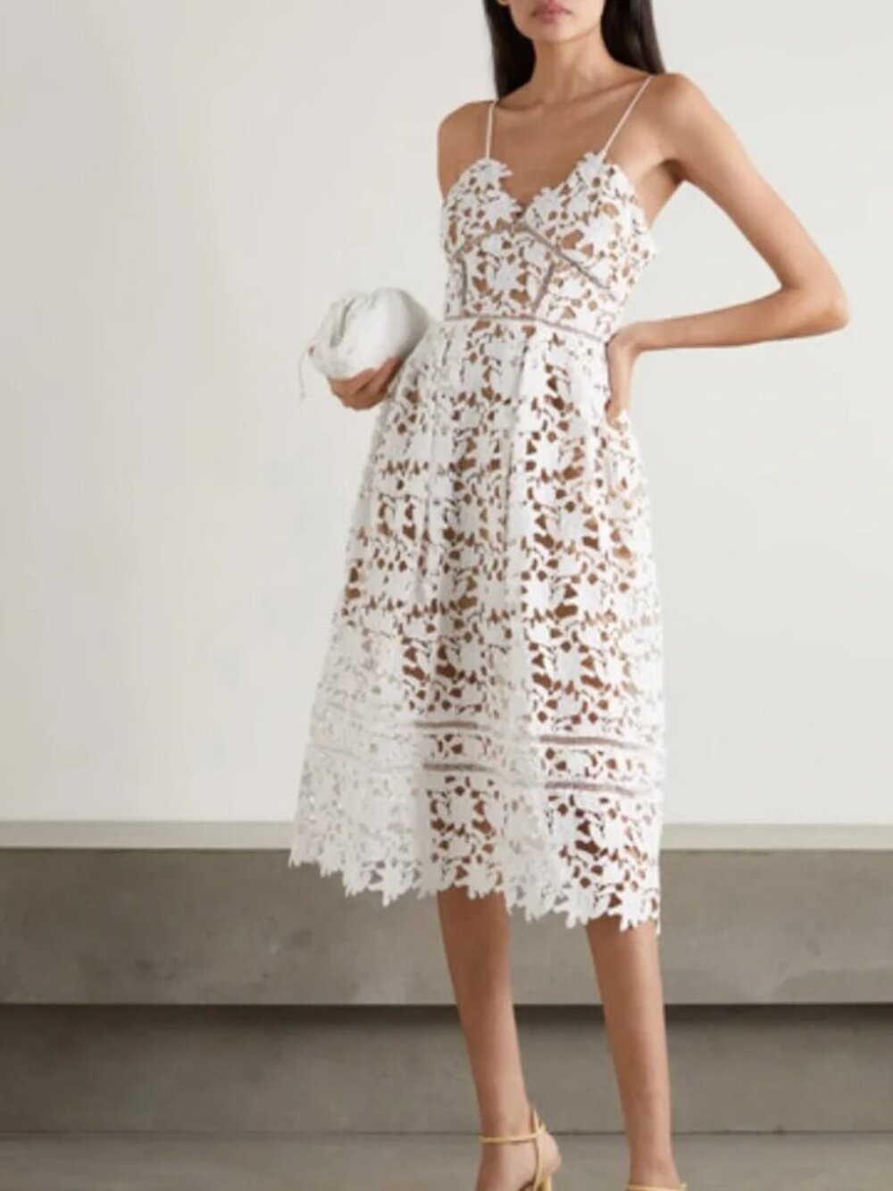 Self-Portrait White Lace Cutwork Midi Dress